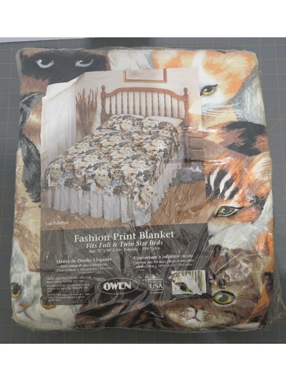Owens Blanket "Cat Portrait" Kittens Print Twin/Twin XL Bed 72x90" Made In USA
